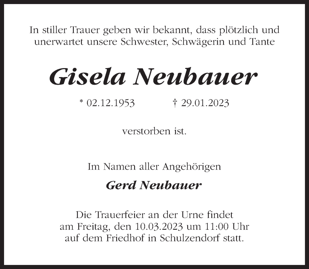  Traueranzeige für Gisela Neubauer vom 18.02.2023 aus Märkischen Allgemeine Zeitung