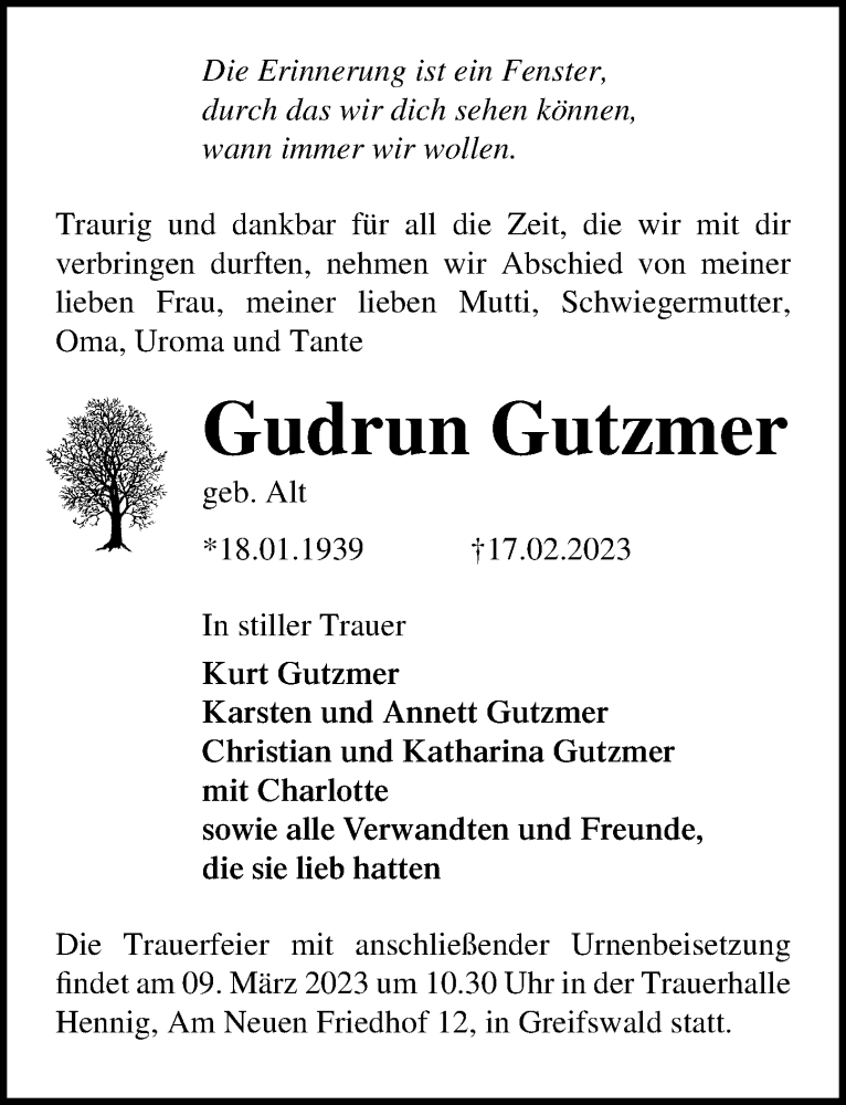  Traueranzeige für Gudrun Gutzmer vom 25.02.2023 aus Ostsee-Zeitung GmbH