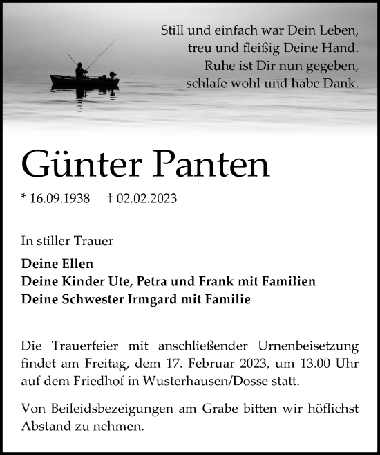 Traueranzeige von Günter Panten von Märkischen Allgemeine Zeitung