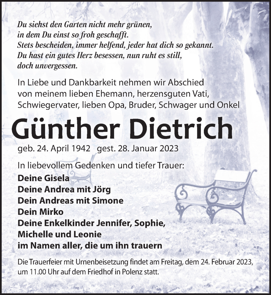  Traueranzeige für Günther Dietrich vom 04.02.2023 aus Leipziger Volkszeitung