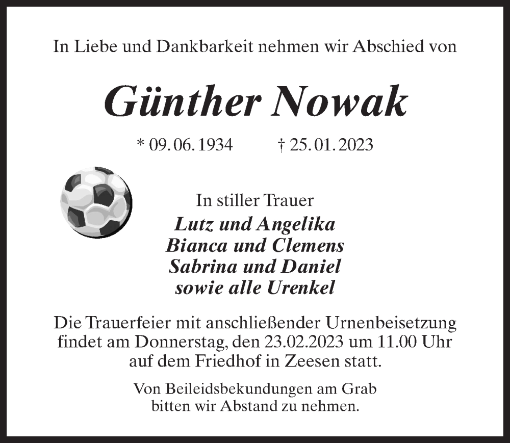  Traueranzeige für Günther Nowak vom 11.02.2023 aus Märkischen Allgemeine Zeitung