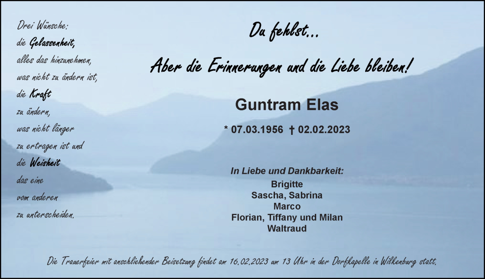  Traueranzeige für Guntram Elas vom 14.02.2023 aus Hannoversche Allgemeine Zeitung/Neue Presse