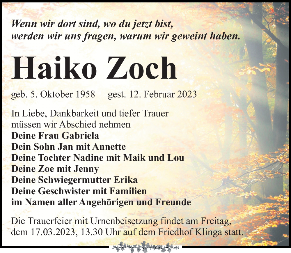 Traueranzeige für Haiko Zoch vom 25.02.2023 aus Leipziger Volkszeitung