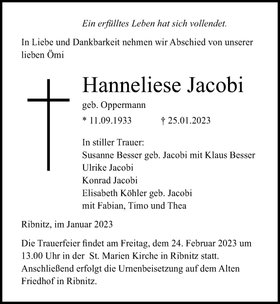 Traueranzeige von Hanneliese Jacobi von Ostsee-Zeitung GmbH