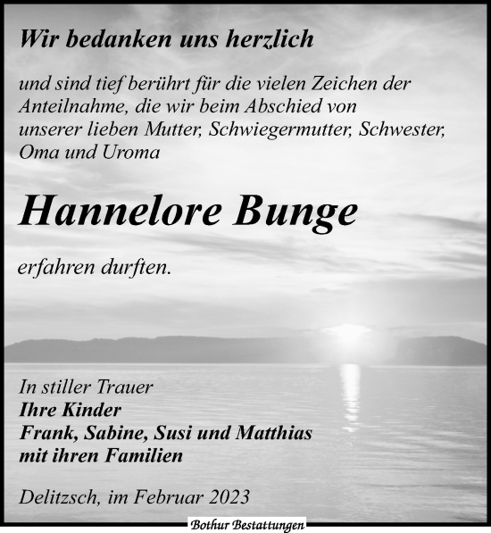 Traueranzeige von Hannelore Bunge von Leipziger Volkszeitung