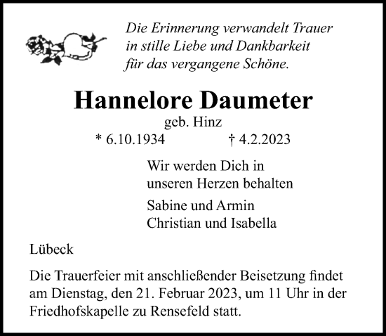 Traueranzeige von Hannelore Daumeter von Lübecker Nachrichten