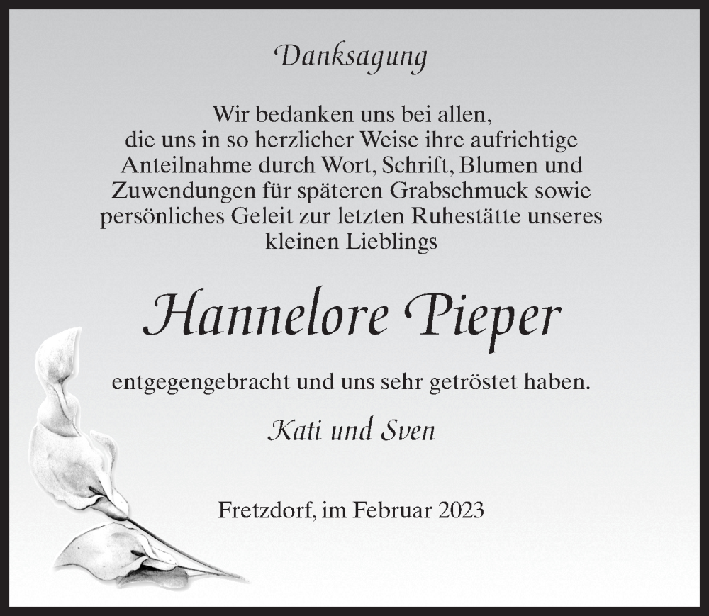  Traueranzeige für Hannelore Pieper vom 11.02.2023 aus Märkischen Allgemeine Zeitung