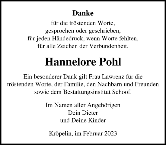 Traueranzeige von Hannelore Pohl von Ostsee-Zeitung GmbH
