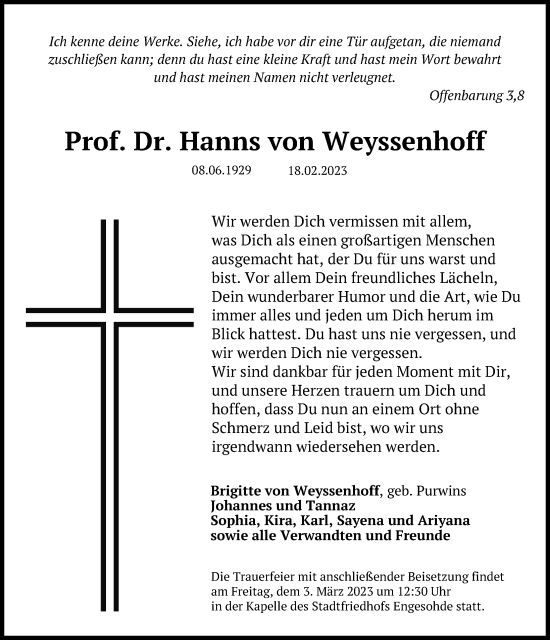 Traueranzeige von Hanns von Weyssenhoff von Hannoversche Allgemeine Zeitung/Neue Presse