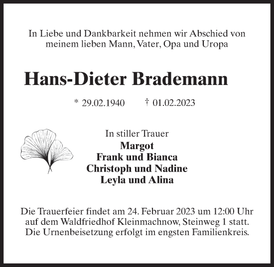 Traueranzeige von Hans-Dieter Brademann von Märkischen Allgemeine Zeitung