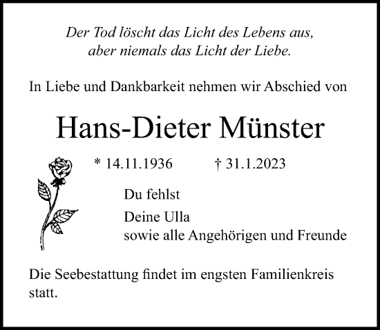 Traueranzeige von Hans-Dieter Münster von Lübecker Nachrichten