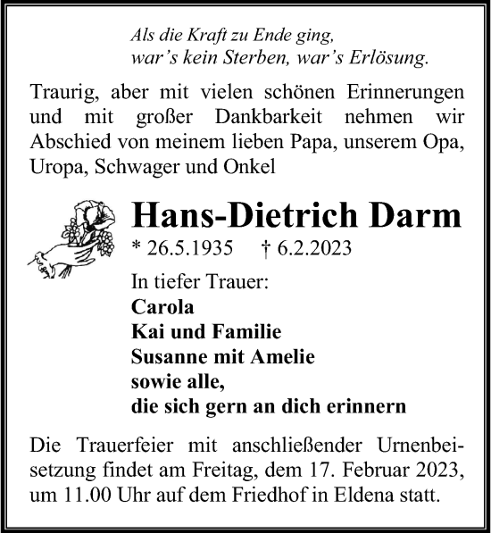 Traueranzeige von Hans-Dietrich Darm von Ostsee-Zeitung GmbH