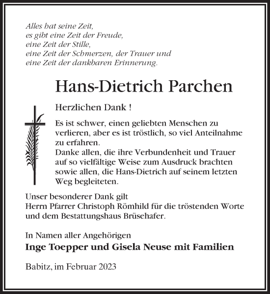 Traueranzeige von Hans-Dietrich Parchen von Märkischen Allgemeine Zeitung