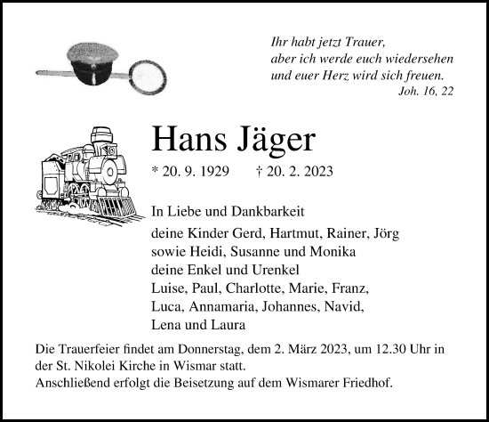 Traueranzeige von Hans Jäger von Ostsee-Zeitung GmbH