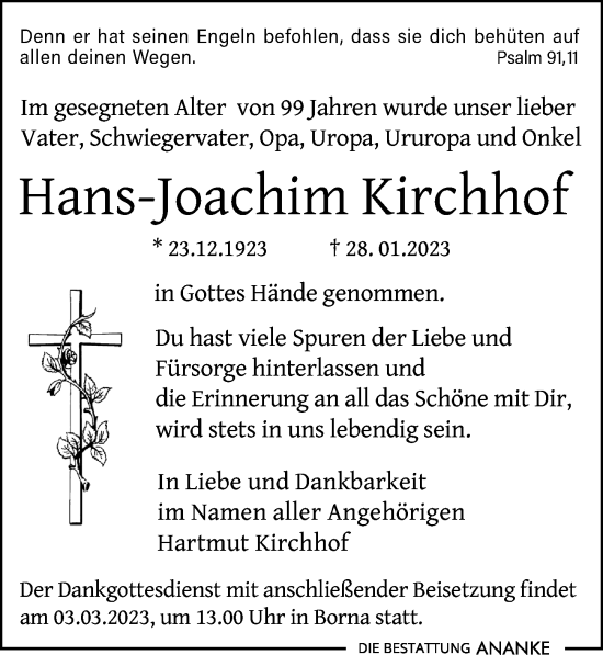 Traueranzeige von Hans-Joachim Kirchhof von Leipziger Volkszeitung