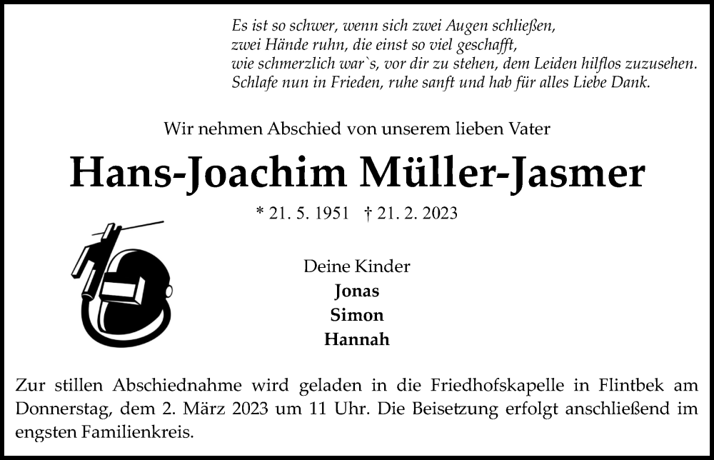  Traueranzeige für Hans-Joachim Müller-Jasmer vom 25.02.2023 aus Kieler Nachrichten