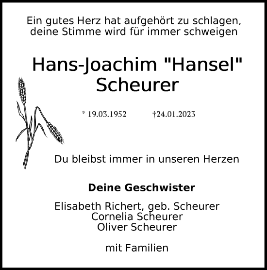 Traueranzeige von Hans-Joachim Scheurer von Göttinger Tageblatt