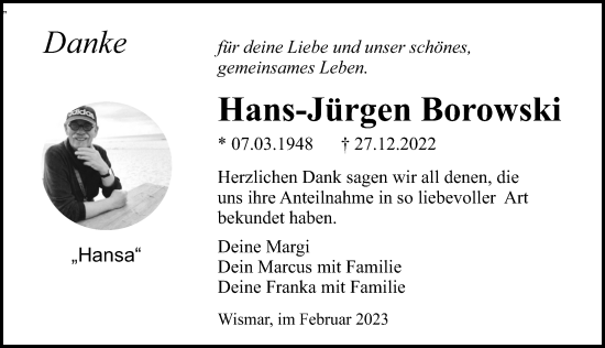 Traueranzeige von Hans-Jürgen Borowski von Ostsee-Zeitung GmbH