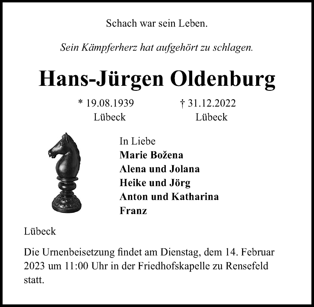  Traueranzeige für Hans-Jürgen Oldenburg vom 05.02.2023 aus Lübecker Nachrichten