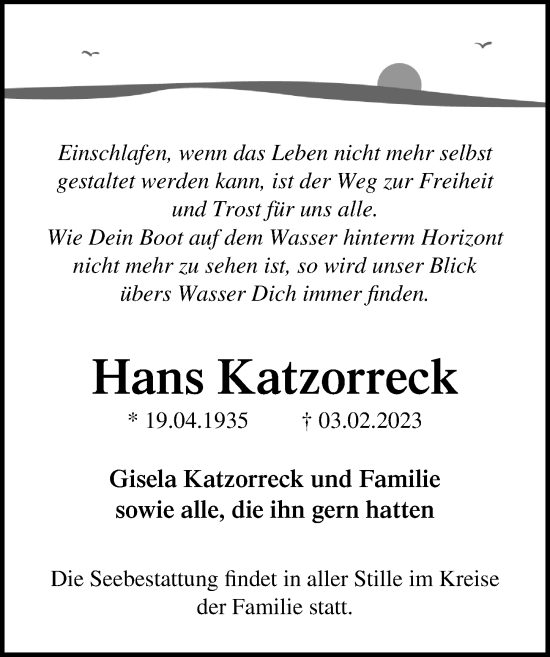 Traueranzeige von Hans Katzorreck von Ostsee-Zeitung GmbH