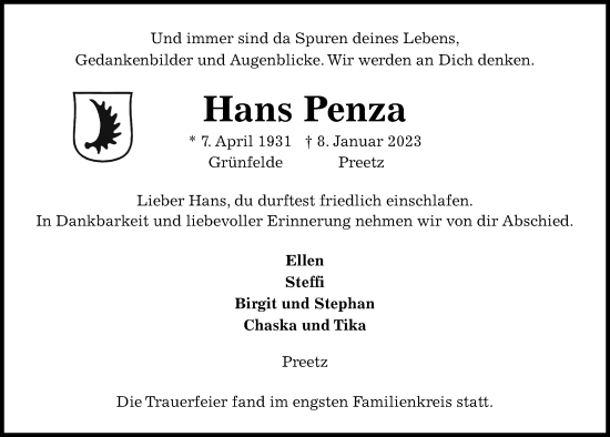 Traueranzeige von Hans Penza von Kieler Nachrichten