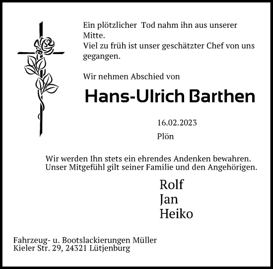 Traueranzeige von Hans-Ulrich Barthen von Kieler Nachrichten