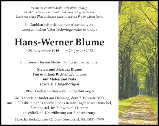 Traueranzeige von Hans-Werner Blume von Hannoversche Allgemeine Zeitung/Neue Presse