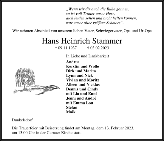 Traueranzeige von Hans Heinrich Stammer von Lübecker Nachrichten