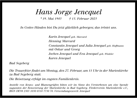 Traueranzeige von Hans Jorge Jencquel von Lübecker Nachrichten