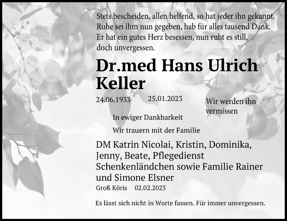  Traueranzeige für Hans Ulrich Keller vom 03.02.2023 aus Märkischen Allgemeine Zeitung