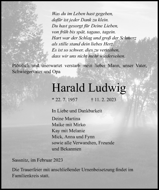 Traueranzeige von Harald Ludwig von Ostsee-Zeitung GmbH