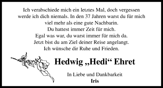 Traueranzeige von Hedwig Ehret von Aller Zeitung