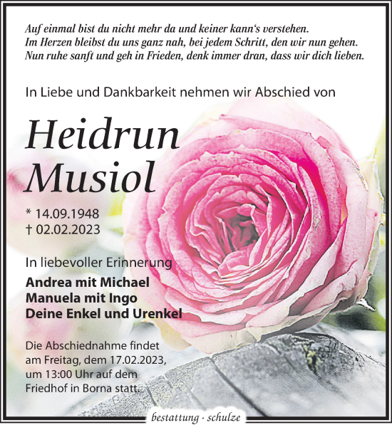 Traueranzeige von Heidrun Musiol von Leipziger Volkszeitung