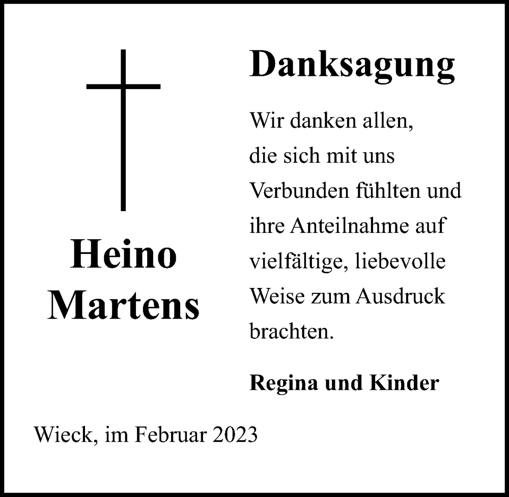  Traueranzeige für Heino Martens vom 04.02.2023 aus Ostsee-Zeitung GmbH