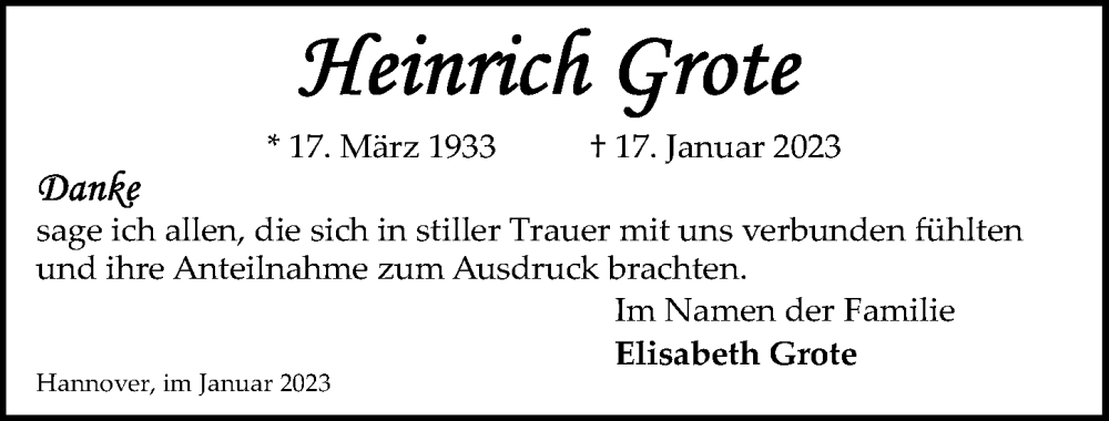  Traueranzeige für Heinrich Grote vom 01.02.2023 aus Hannoversche Allgemeine Zeitung/Neue Presse