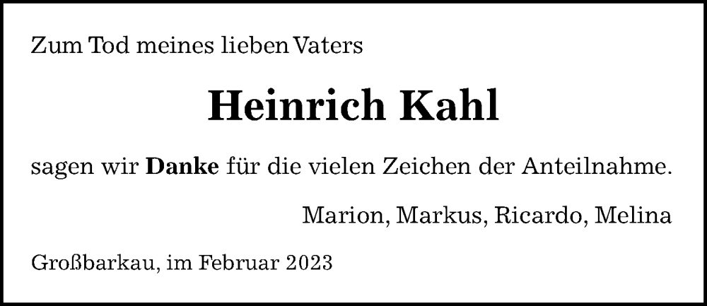  Traueranzeige für Heinrich Kahl vom 04.02.2023 aus Kieler Nachrichten