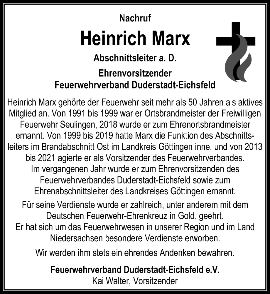  Traueranzeige für Heinrich Marx vom 22.02.2023 aus Eichsfelder Tageblatt