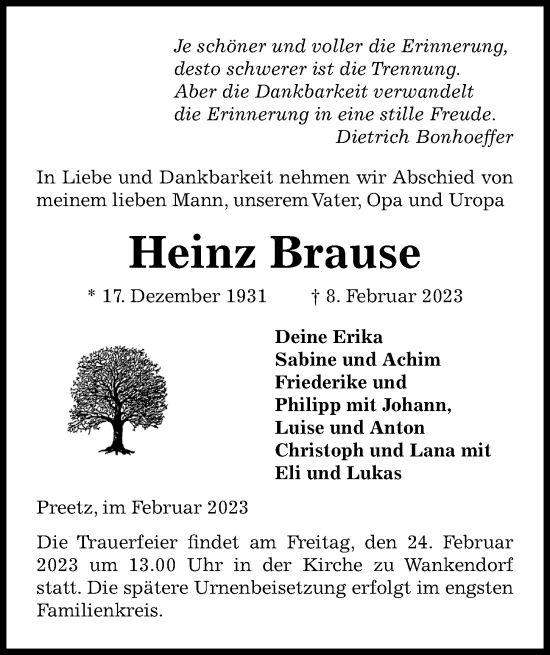 Traueranzeige von Heinz Brause von Kieler Nachrichten