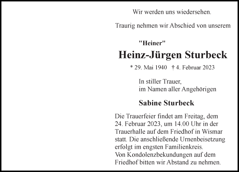  Traueranzeige für Heinz-Jürgen Sturbeck vom 11.02.2023 aus Ostsee-Zeitung GmbH