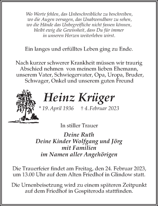 Traueranzeige von Heinz Krüger von Märkischen Allgemeine Zeitung