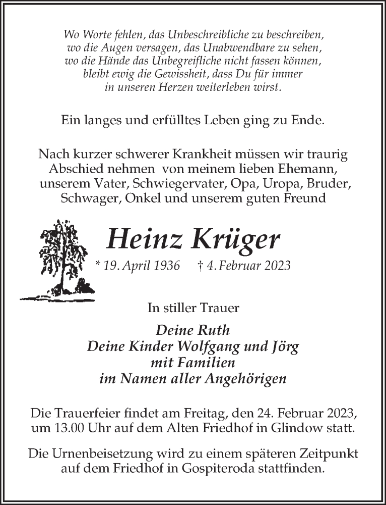  Traueranzeige für Heinz Krüger vom 18.02.2023 aus Märkischen Allgemeine Zeitung