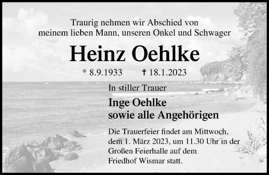Traueranzeige von Heinz Oehlke von Ostsee-Zeitung GmbH