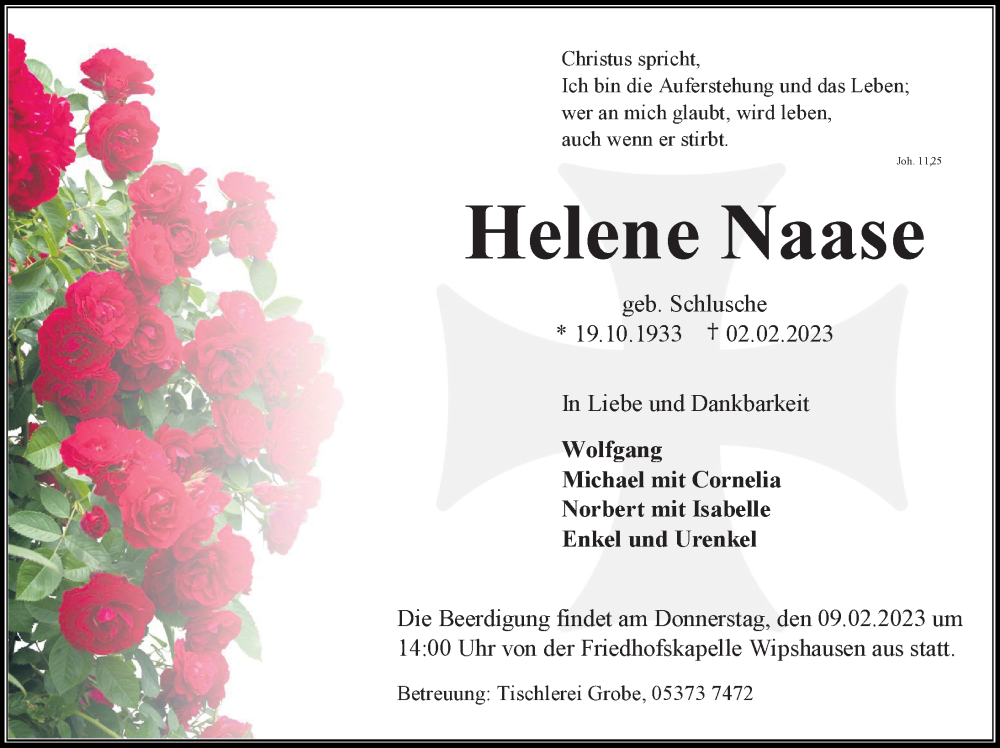  Traueranzeige für Helene Naase vom 07.02.2023 aus Peiner Allgemeine Zeitung