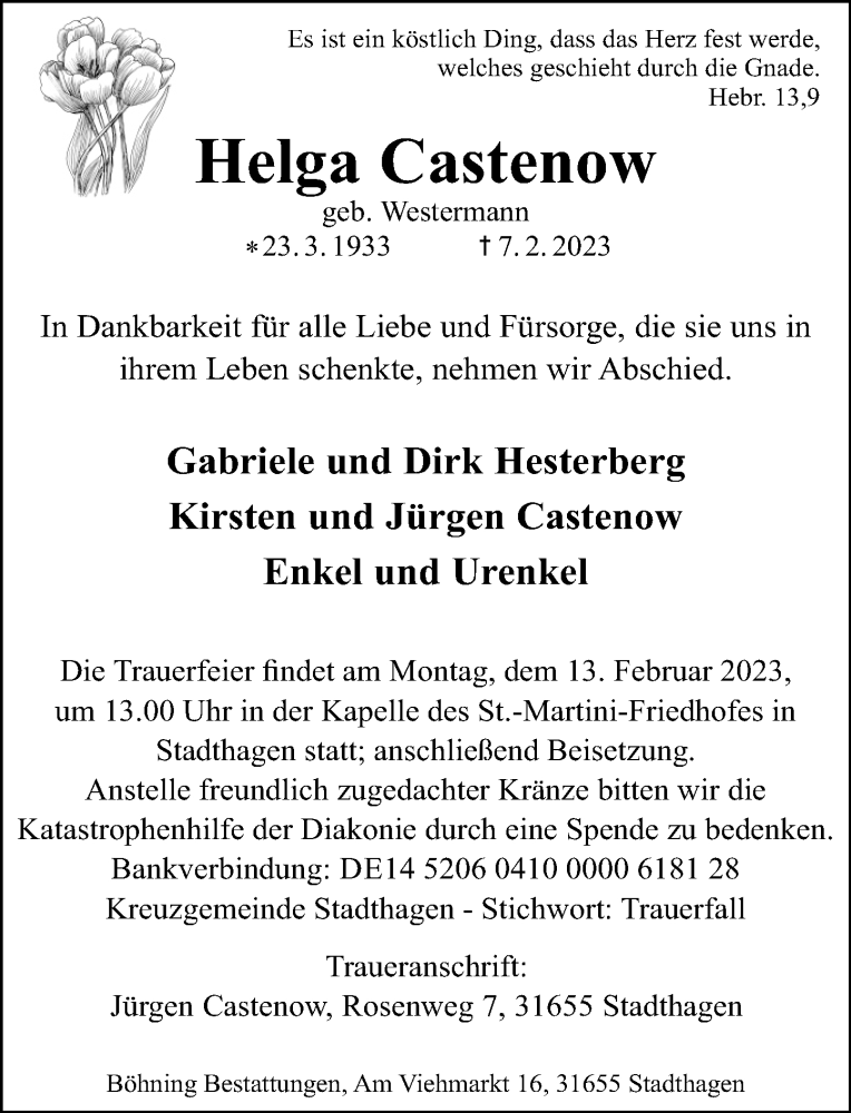  Traueranzeige für Helga Castenow vom 11.02.2023 aus Schaumburger Nachrichten