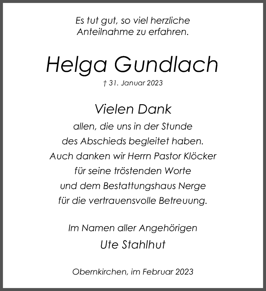  Traueranzeige für Helga Gundlach vom 25.02.2023 aus Schaumburger Nachrichten