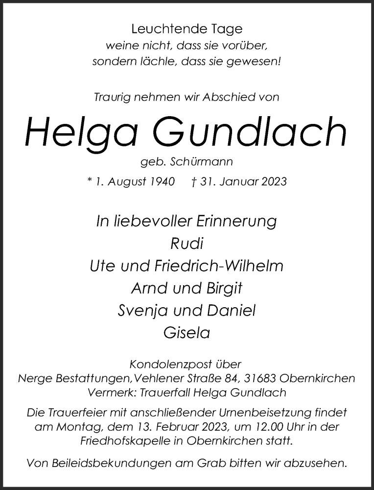  Traueranzeige für Helga Gundlach vom 04.02.2023 aus Schaumburger Nachrichten