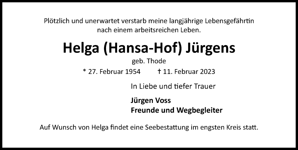  Traueranzeige für Helga Jürgens vom 19.02.2023 aus Lübecker Nachrichten