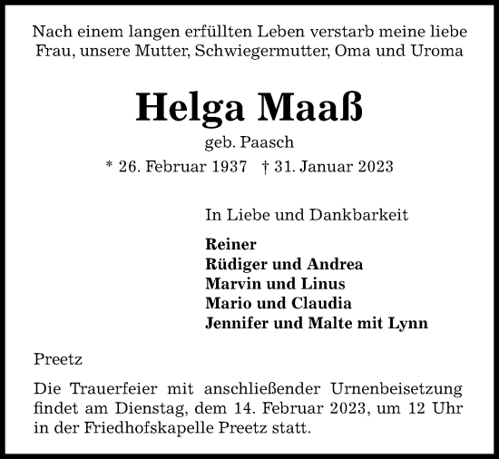 Traueranzeige von Helga Maaß von Kieler Nachrichten