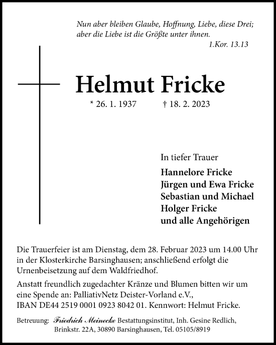 Traueranzeige von Helmut Fricke von Hannoversche Allgemeine Zeitung/Neue Presse