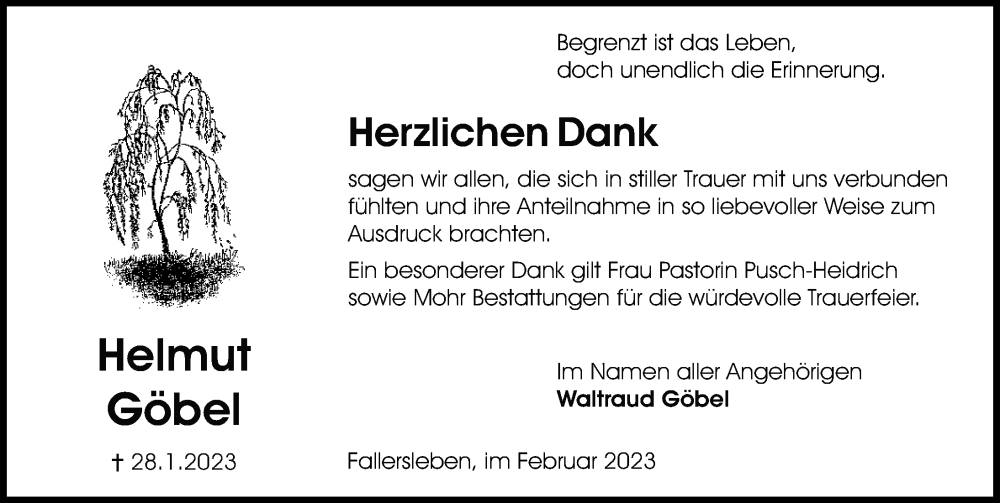  Traueranzeige für Helmut Göbel vom 25.02.2023 aus Aller Zeitung
